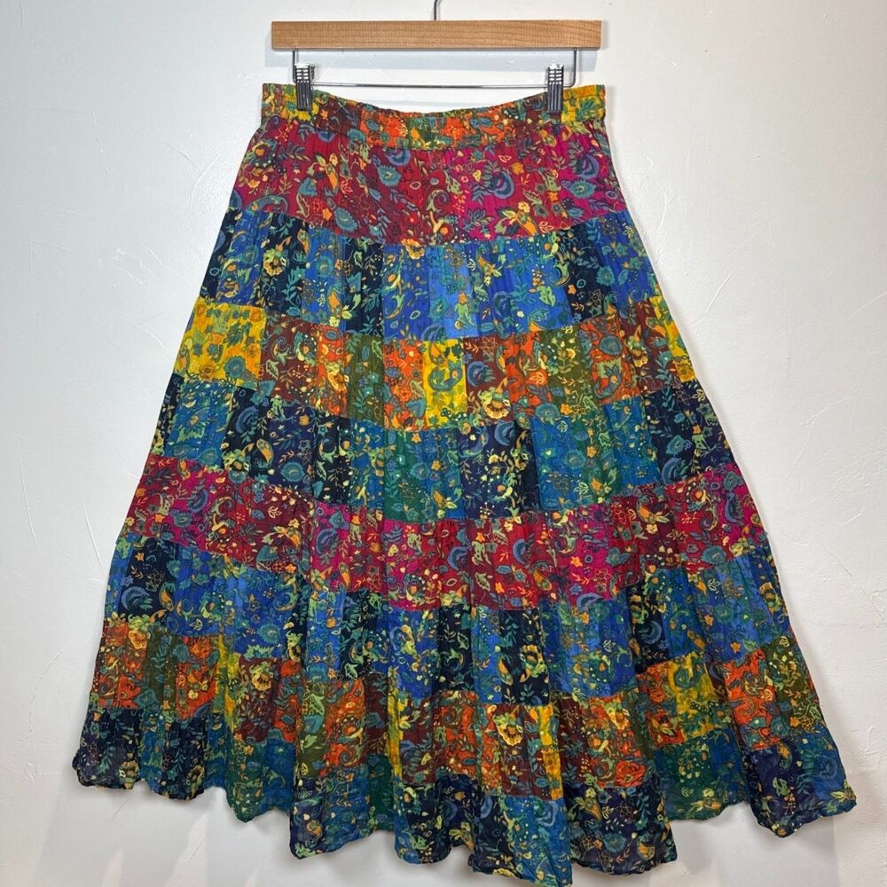 La Cera Skirt Floral Patchwork Colorful Tiered Flowy Cotton Size Medium